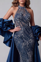 Load image into Gallery viewer, Sparkly Navy Mermaid Beaded Long Ruffled Evening Dress with Cape