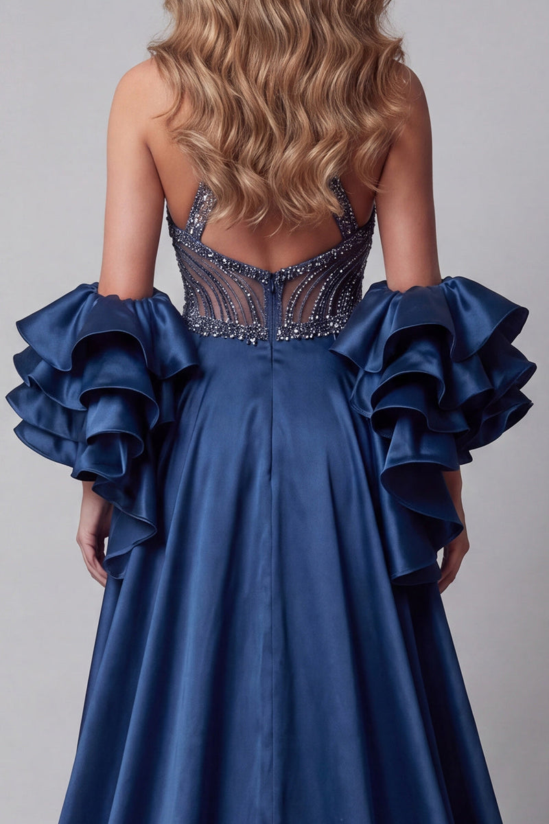 Load image into Gallery viewer, Sparkly Navy Mermaid Beaded Long Ruffled Evening Dress with Cape