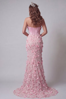 Pink Mermaid Long Ruffled Floral Corset Beaded Evening Dress