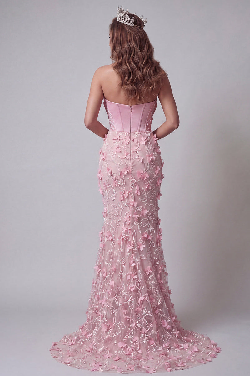 Load image into Gallery viewer, Pink Mermaid Long Ruffled Floral Corset Beaded Evening Dress
