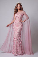 Load image into Gallery viewer, Floral Pink Mermaid Long Boat Neck Beaded Evening Dress