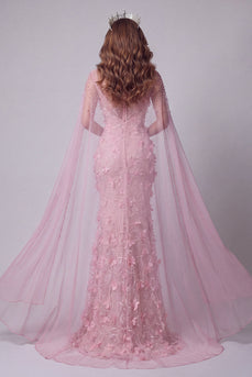 Floral Pink Mermaid Long Boat Neck Beaded Evening Dress
