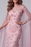 Load image into Gallery viewer, Floral Pink Mermaid Long Boat Neck Beaded Evening Dress