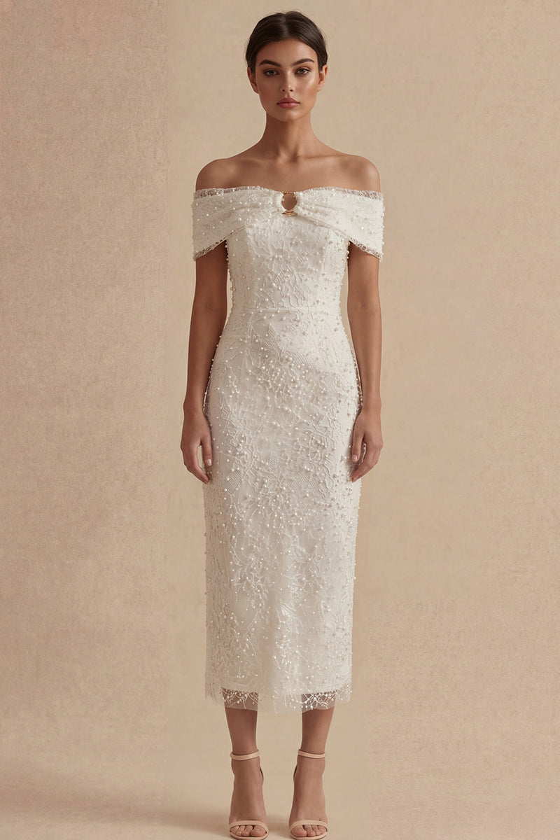 Load image into Gallery viewer, White Sheath Maxi Boho Wedding Dress with Pearls