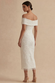 White Sheath Maxi Boho Wedding Dress with Pearls