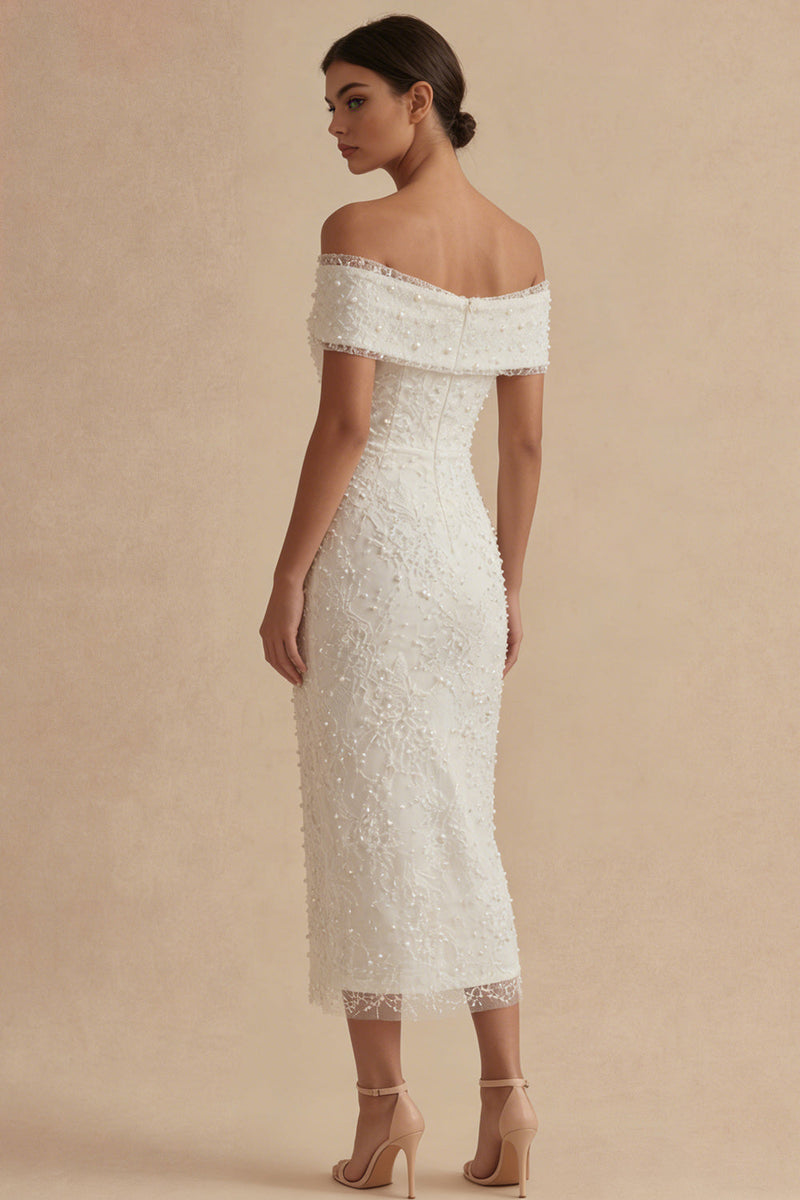 Load image into Gallery viewer, White Sheath Maxi Boho Wedding Dress with Pearls