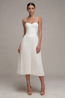 Load image into Gallery viewer, Spaghetti Straps White Corset Midi A Line Beach Wedding Dress with Pleats