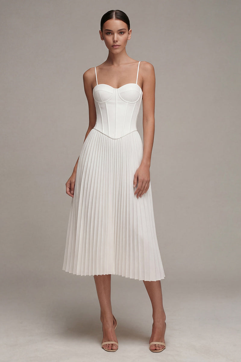 Load image into Gallery viewer, Spaghetti Straps White Corset Midi A Line Beach Wedding Dress with Pleats