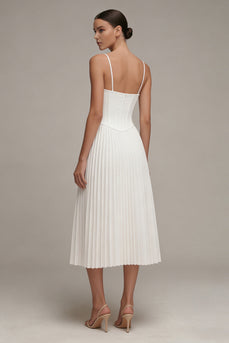 Spaghetti Straps White Corset Midi A Line Beach Wedding Dress with Pleats