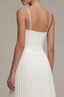 Load image into Gallery viewer, Spaghetti Straps White Corset Midi A Line Beach Wedding Dress with Pleats