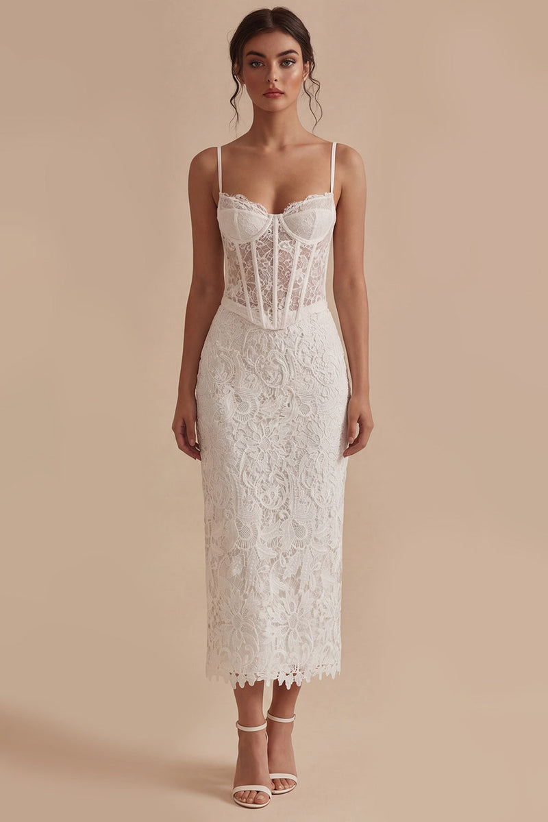 Load image into Gallery viewer, Spaghetti Straps Sheath Maxi Floral Corset Lace White Boho Wedding Dress