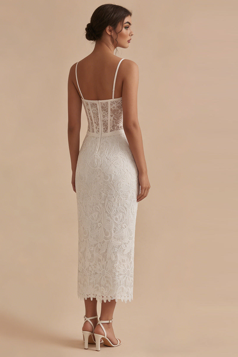 Load image into Gallery viewer, Spaghetti Straps Sheath Maxi Floral Corset Lace White Boho Wedding Dress