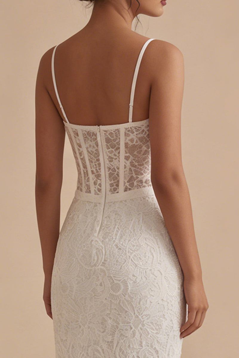 Load image into Gallery viewer, Spaghetti Straps Sheath Maxi Floral Corset Lace White Boho Wedding Dress