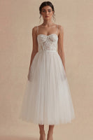 Load image into Gallery viewer, Floral Spaghetti Straps White Maxi Corset A Line Boho Wedding Dress with Lace