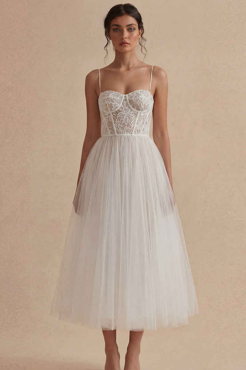 Load image into Gallery viewer, Floral Spaghetti Straps White Maxi Corset A Line Boho Wedding Dress with Lace