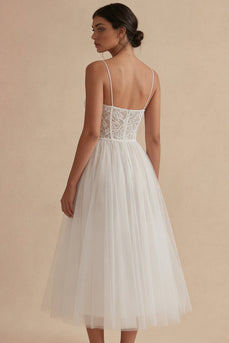 Floral Spaghetti Straps White Maxi Corset A Line Boho Wedding Dress with Lace