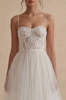 Load image into Gallery viewer, Floral Spaghetti Straps White Maxi Corset A Line Boho Wedding Dress with Lace