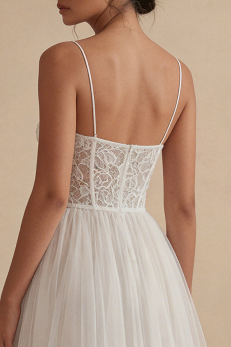 Load image into Gallery viewer, Floral Spaghetti Straps White Maxi Corset A Line Boho Wedding Dress with Lace