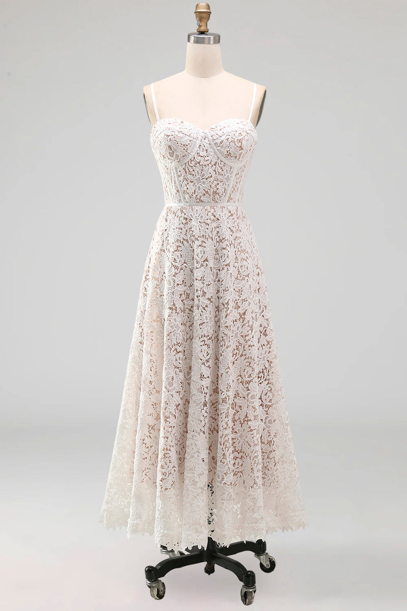 Load image into Gallery viewer, Lace Floral White Maxi Corset A Line Spaghetti Straps Boho Wedding Dress