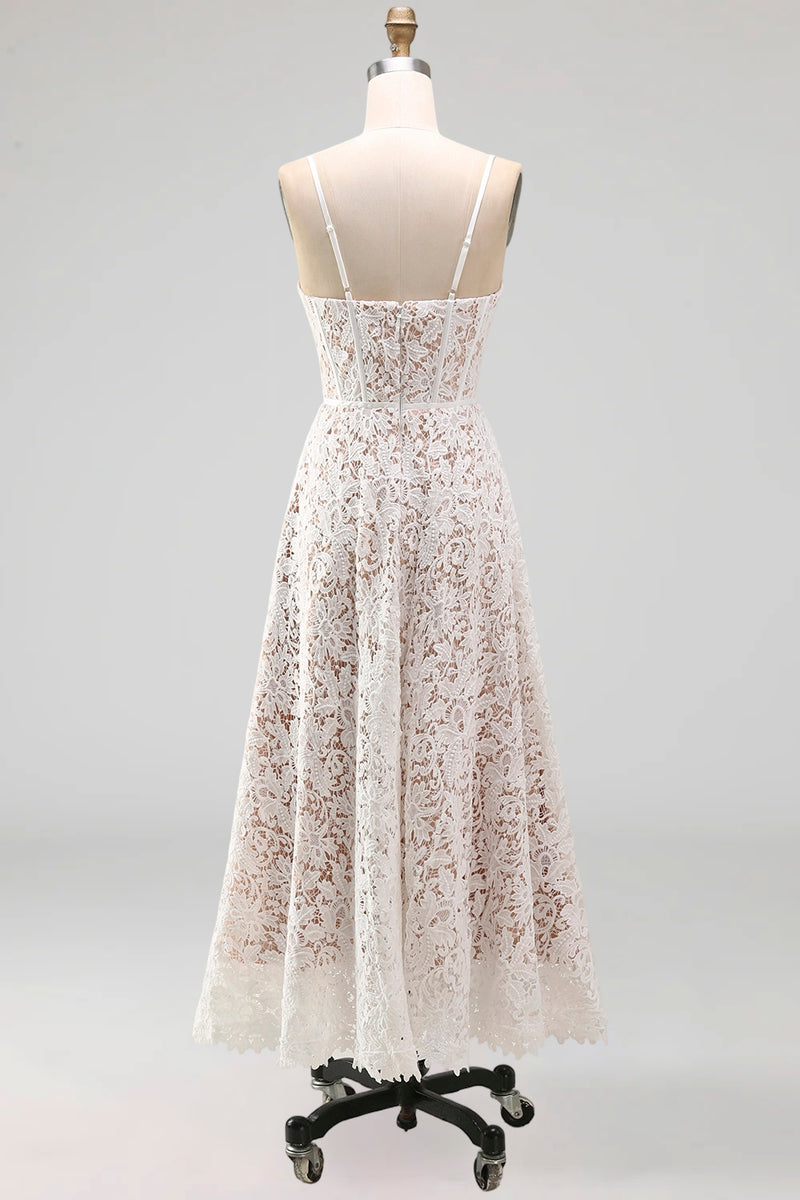 Load image into Gallery viewer, Lace Floral White Maxi Corset A Line Spaghetti Straps Boho Wedding Dress