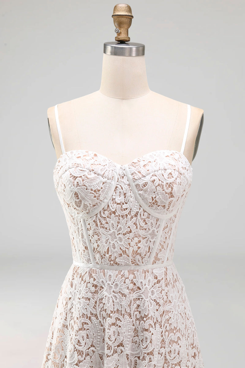 Load image into Gallery viewer, Lace Floral White Maxi Corset A Line Spaghetti Straps Boho Wedding Dress