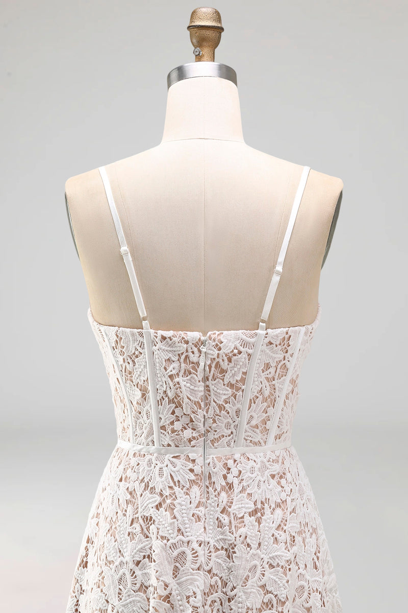 Load image into Gallery viewer, Lace Floral White Maxi Corset A Line Spaghetti Straps Boho Wedding Dress