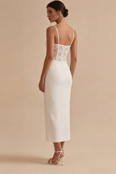 Corset Floral White Sheath Maxi Boho Wedding Dress with Lace