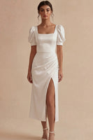 Load image into Gallery viewer, Puff Sleeves Sheath White Ruched Maxi Beach Wedding Dress with Slit
