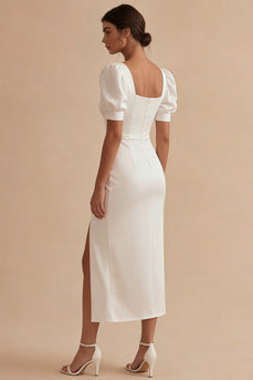 Puff Sleeves Sheath White Ruched Maxi Beach Wedding Dress with Slit