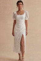 Load image into Gallery viewer, Lace Square Neck Sheath White Ruched Maxi Boho Wedding Dress with Slit