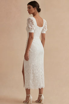 Lace Square Neck Sheath White Ruched Maxi Boho Wedding Dress with Slit