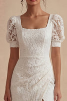 Load image into Gallery viewer, Lace Square Neck Sheath White Ruched Maxi Boho Wedding Dress with Slit
