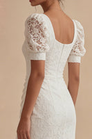Load image into Gallery viewer, Lace Square Neck Sheath White Ruched Maxi Boho Wedding Dress with Slit