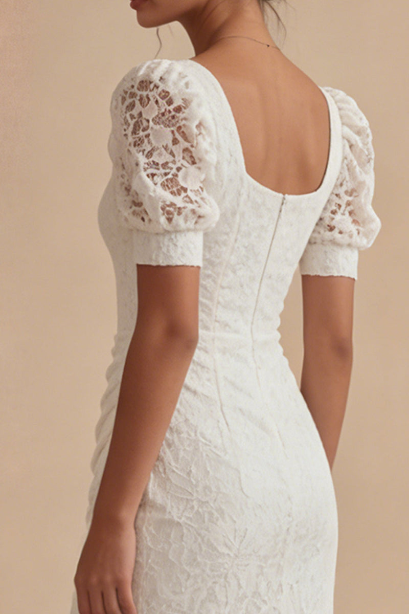 Load image into Gallery viewer, Lace Square Neck Sheath White Ruched Maxi Boho Wedding Dress with Slit