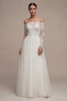 Load image into Gallery viewer, Long Sleeves Floral White A Line Maxi Wedding Dress with Lace