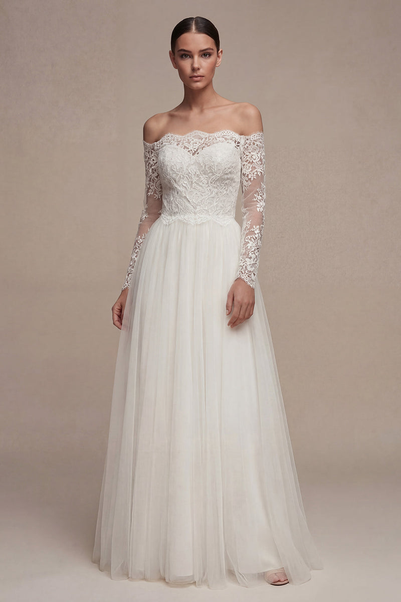 Load image into Gallery viewer, Long Sleeves Floral White A Line Maxi Wedding Dress with Lace