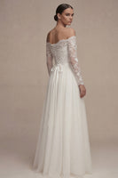 Load image into Gallery viewer, Long Sleeves Floral White A Line Maxi Wedding Dress with Lace