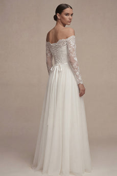Long Sleeves Floral White A Line Maxi Wedding Dress with Lace