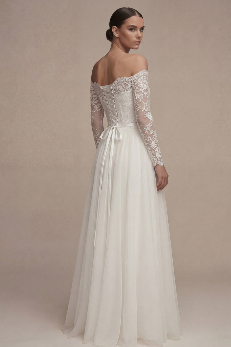 Load image into Gallery viewer, Long Sleeves Floral White A Line Maxi Wedding Dress with Lace