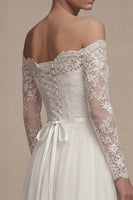 Load image into Gallery viewer, Long Sleeves Floral White A Line Maxi Wedding Dress with Lace