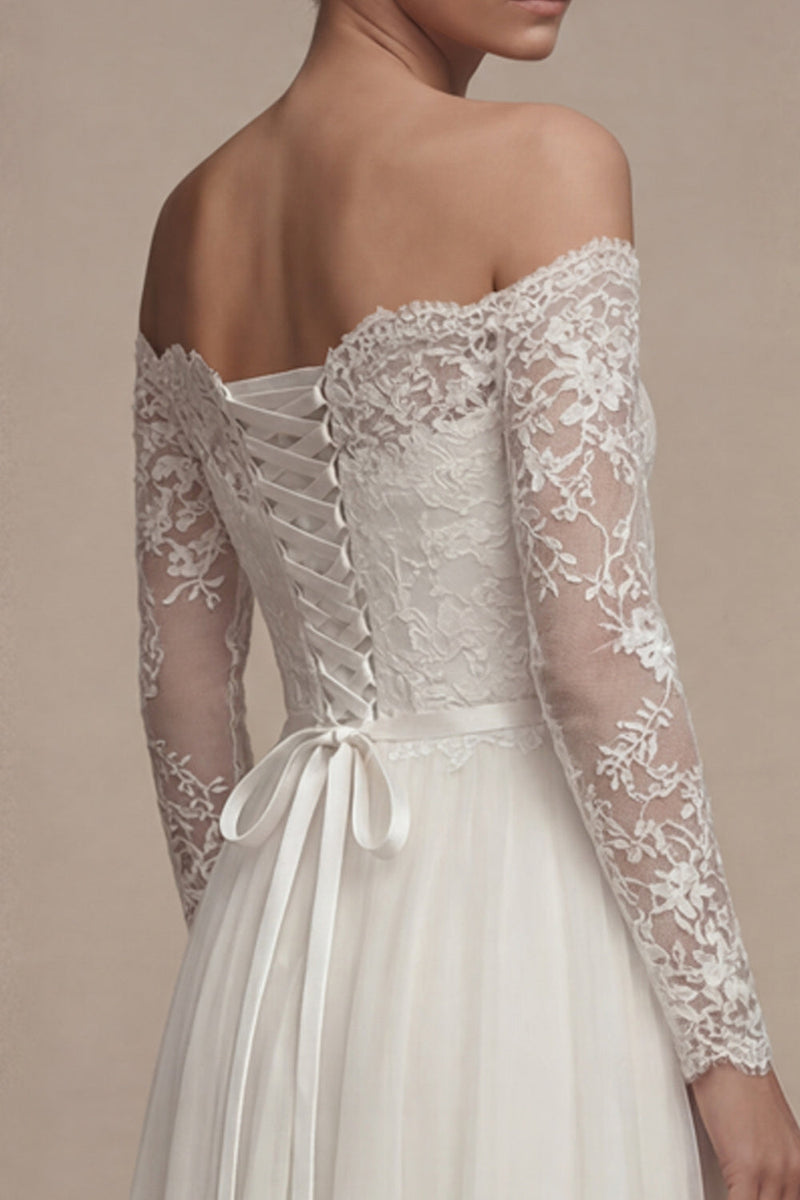 Load image into Gallery viewer, Long Sleeves Floral White A Line Maxi Wedding Dress with Lace