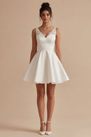 Load image into Gallery viewer, White Short V-Neck A Line Wedding Dress with Lace