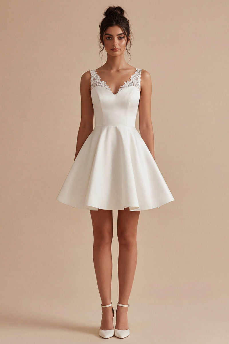 Load image into Gallery viewer, White Short V-Neck A Line Wedding Dress with Lace