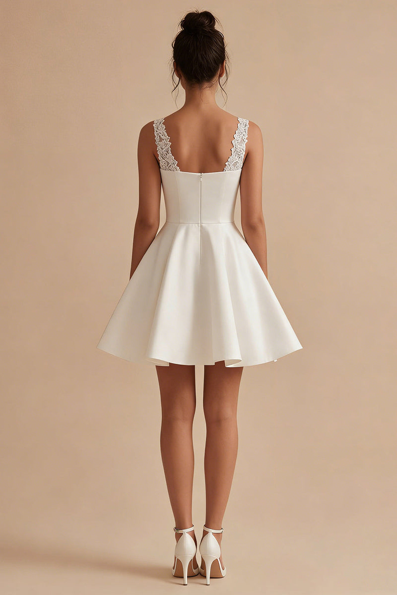 Load image into Gallery viewer, White Short V-Neck A Line Wedding Dress with Lace