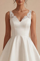 Load image into Gallery viewer, White Short V-Neck A Line Wedding Dress with Lace