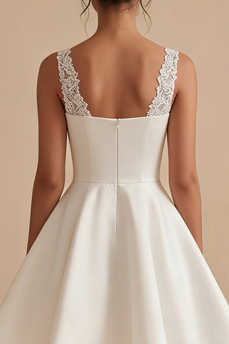 Load image into Gallery viewer, White Short V-Neck A Line Wedding Dress with Lace