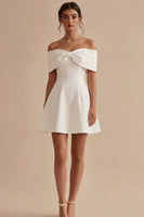 Load image into Gallery viewer, White Off the Shoulder Short A Line Beach Wedding Dress with Bow