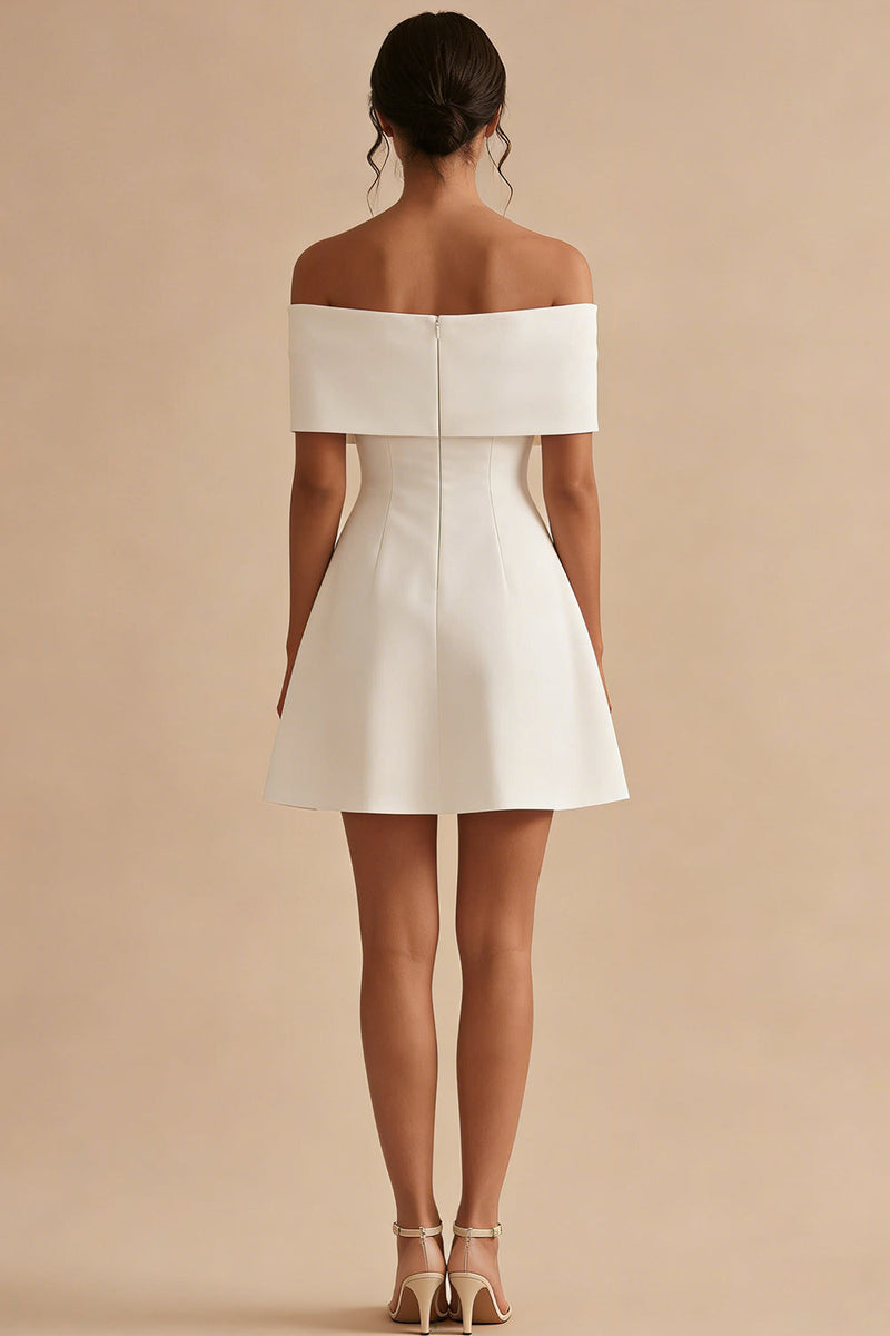 Load image into Gallery viewer, White Off the Shoulder Short A Line Beach Wedding Dress with Bow