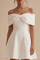 Load image into Gallery viewer, White Off the Shoulder Short A Line Beach Wedding Dress with Bow