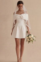 Load image into Gallery viewer, White Off the Shoulder Short A Line Beach Wedding Dress with Bow